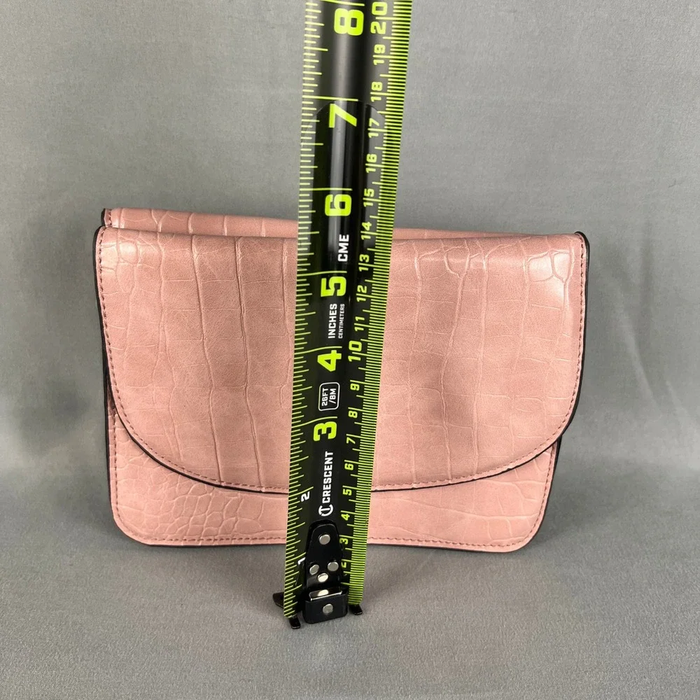 Womens Crossbody Bag Pink Croc Embossed Leather Magnetic Snap Flap Modern